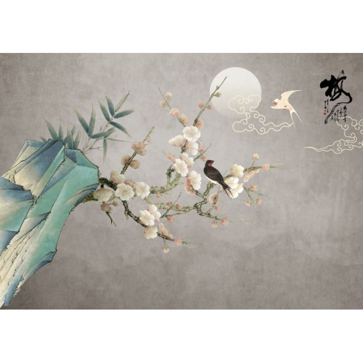 Papier peint 3D aspect ancien - Abricotier du japon au pied de rocher avec bambous et oiseaux