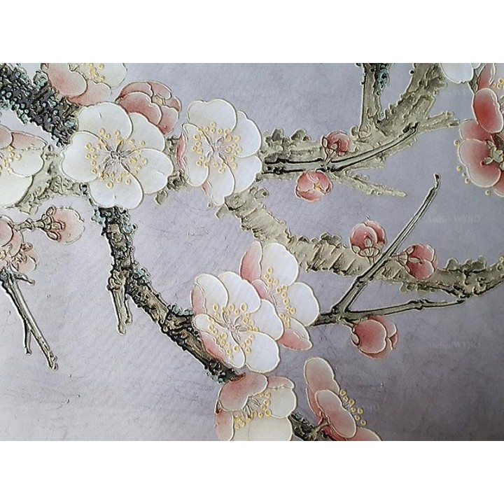 Papier peint 3D aspect ancien - Abricotier du japon au pied de rocher avec bambous et oiseaux