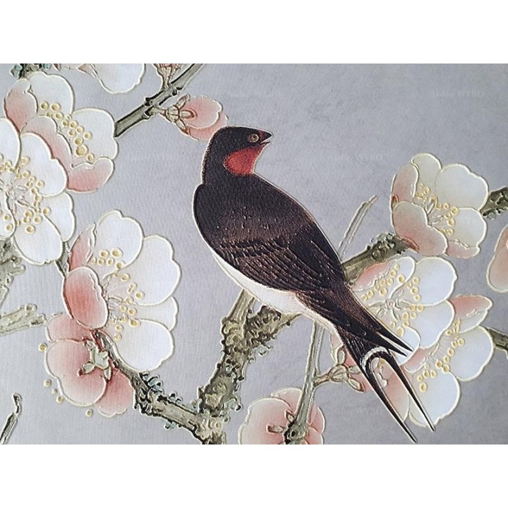 Papier peint 3D aspect ancien - Abricotier du japon au pied de rocher avec bambous et oiseaux