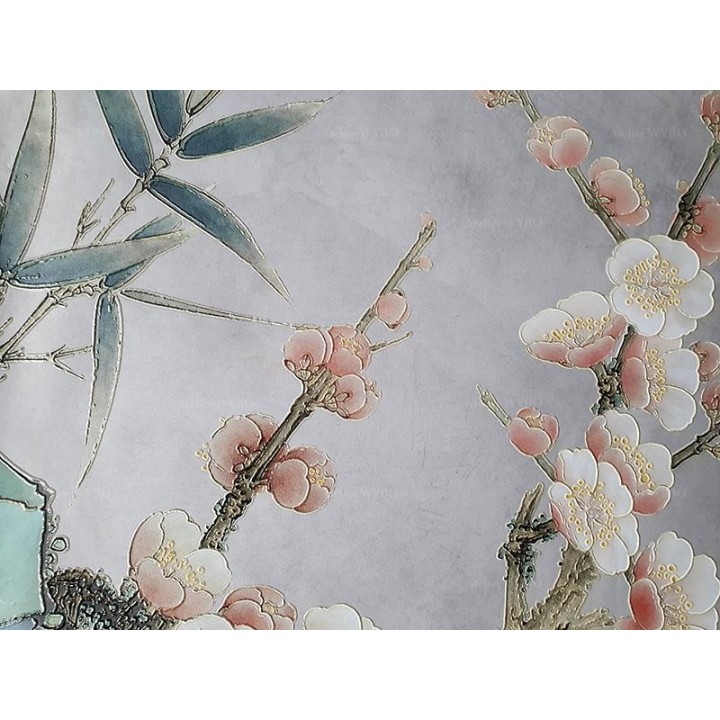 Papier peint 3D aspect ancien - Abricotier du japon au pied de rocher avec bambous et oiseaux