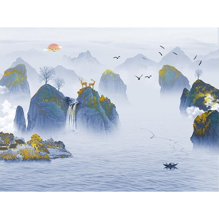 Paysage bleu et animaux légendaires - Cerfs dorés sur la montagne