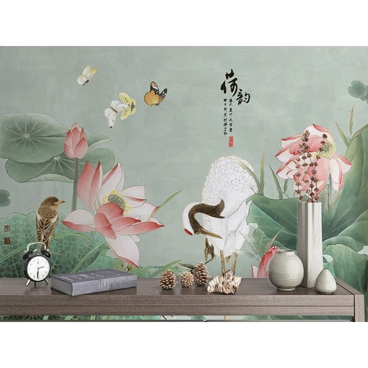 Panneau japonais fleurs et oiseaux - Grue du Japon, lotus rose, libellule et papillons