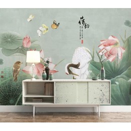 Panneau japonais fleurs et oiseaux - Grue du Japon, lotus rose, libellule et papillons