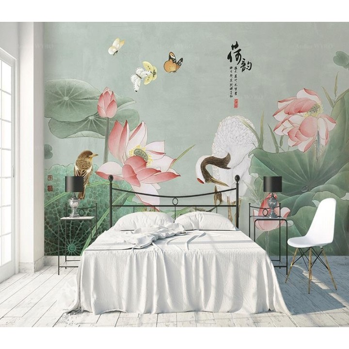 Panneau japonais fleurs et oiseaux - Grue du Japon, lotus rose, libellule et papillons