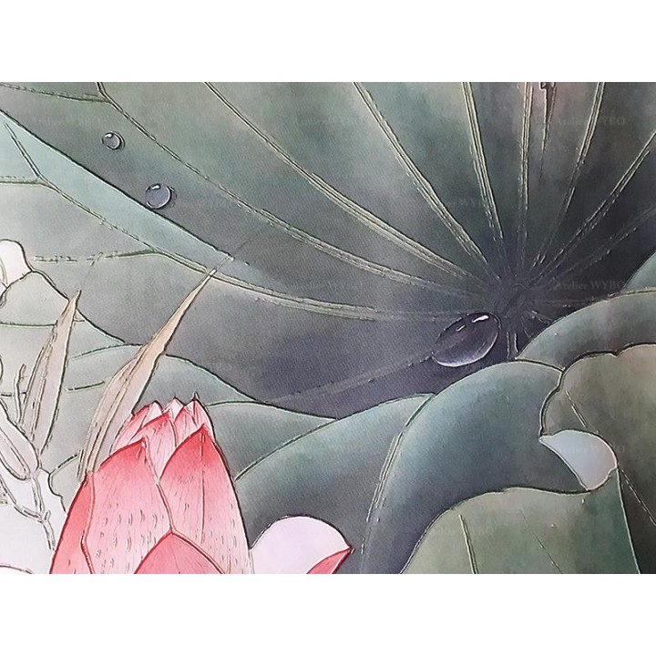 Panneau japonais fleurs et oiseaux - Grue du Japon, lotus rose, libellule et papillons