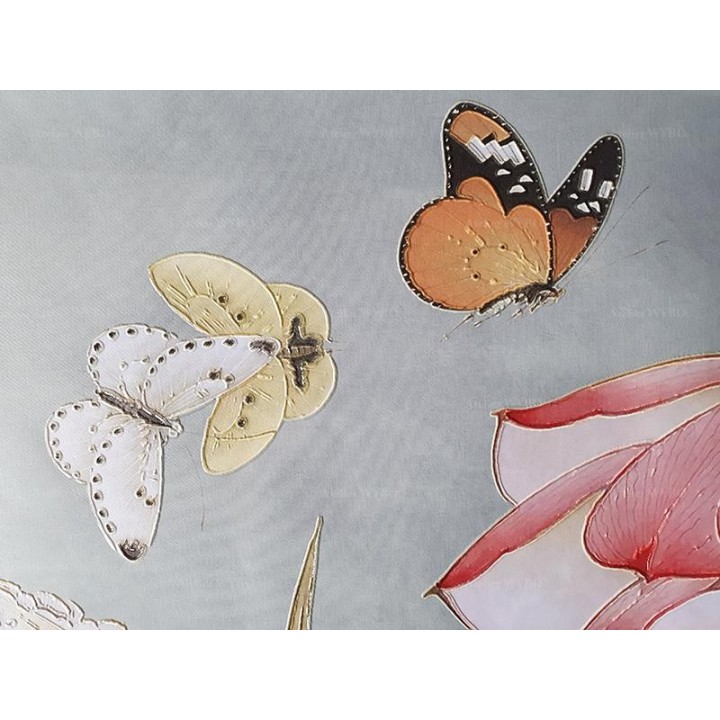 Panneau japonais fleurs et oiseaux - Grue du Japon, lotus rose, libellule et papillons