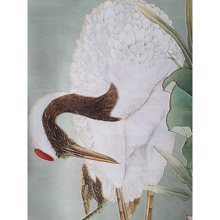 Panneau japonais fleurs et oiseaux - Grue du Japon, lotus rose, libellule et papillons