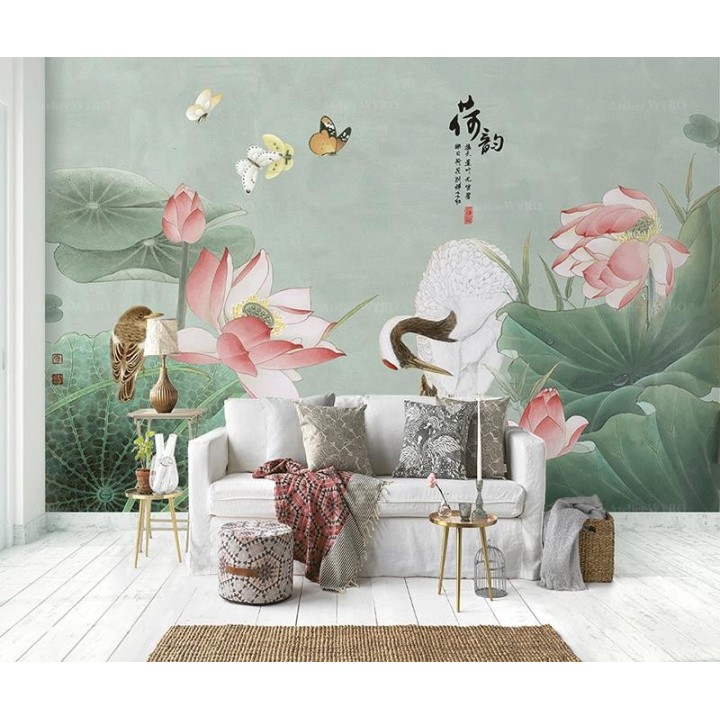 Panneau japonais fleurs et oiseaux - Grue du Japon, lotus rose, libellule et papillons