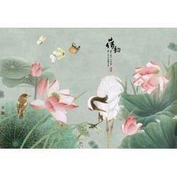Panneau japonais fleurs et oiseaux - Grue du Japon, lotus rose, libellule et papillons
