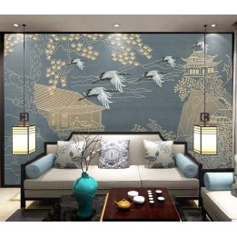 Panneau japonais paysage zen - Grues dans la montagne, maisons traditionnelles