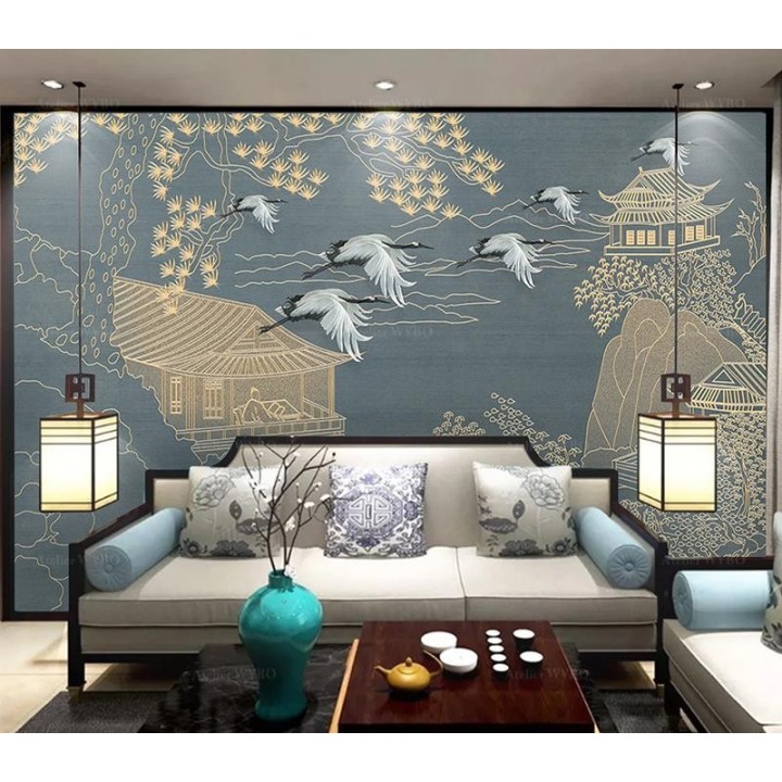 Panneau japonais paysage zen - Grues dans la montagne, maisons traditionnelles