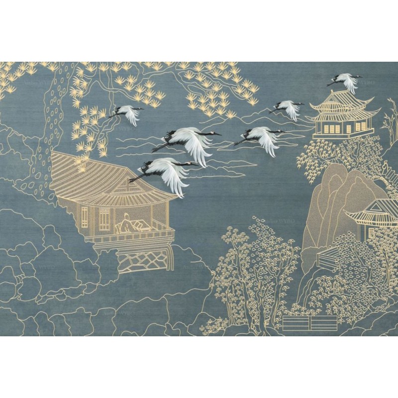 Acheter Tapisserie 3D Japonaise Dorée Montagne Grue Pin Edifice
