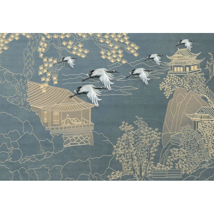 Panneau japonais paysage zen - Grues dans la montagne, maisons traditionnelles