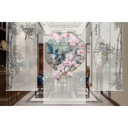 Cloison japonaise séparation mobile verticale - Magnolia rose, oiseau bleu, paysage et bambou en gris