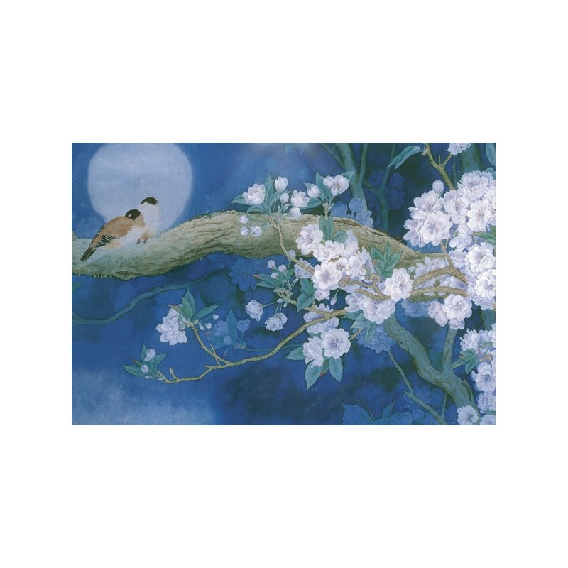Papier peint asiatique esprit Zen-Les fleurs de cerisier et les oiseaux dans la nuit