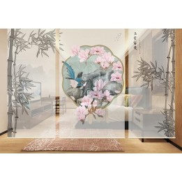 Cloison japonaise séparation mobile verticale - Magnolia rose, oiseau bleu, paysage et bambou en gris