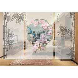 Cloison japonaise séparation amovible - Magnolia rose, oiseau bleu, paysage et bambou en gris