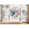 Cloison japonaise séparation mobile verticale - Magnolia rose, oiseau bleu, paysage et bambou en gris