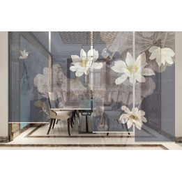 Lotus blanc, capres et oiseaux sur fond bleu foncé