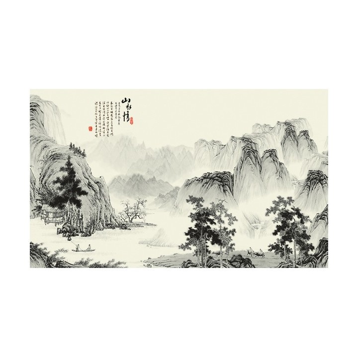 papier peint chinois paysage zen en noir et blanc-Dans la montagne