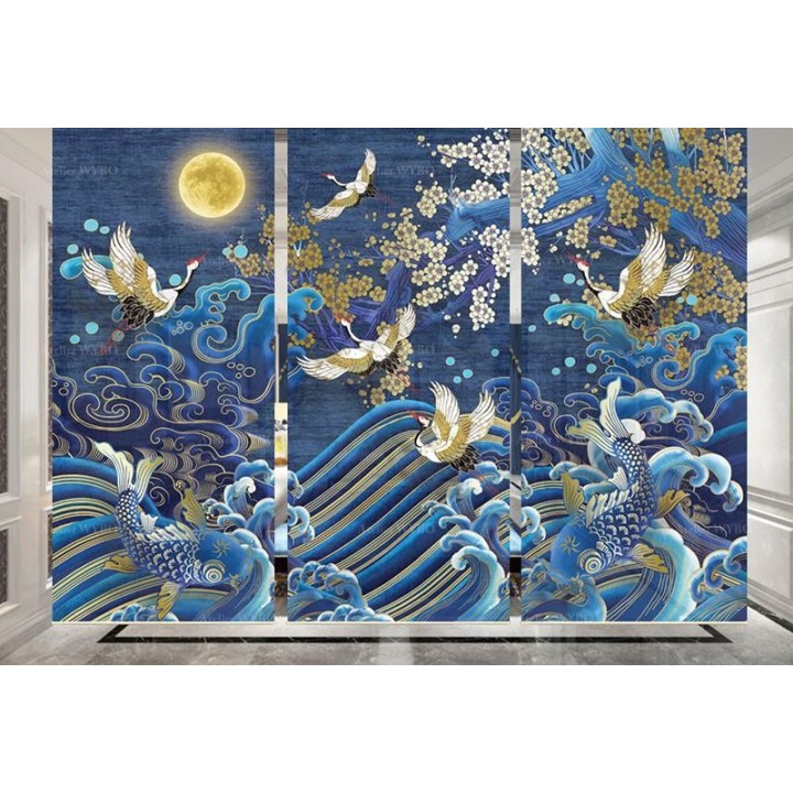 Grues du Japon, cerisier et carpes dans la nuit bleue