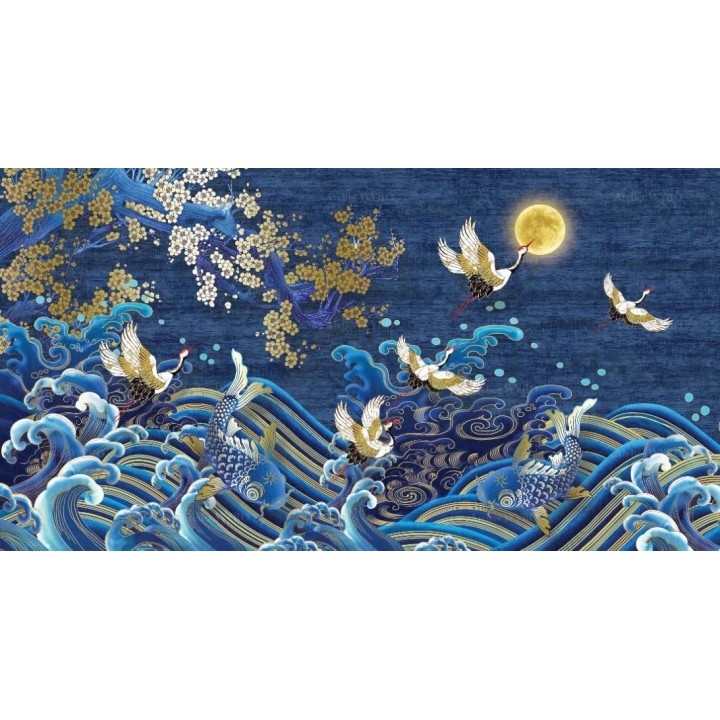 Grues du Japon, cerisier et carpes dans la nuit bleue