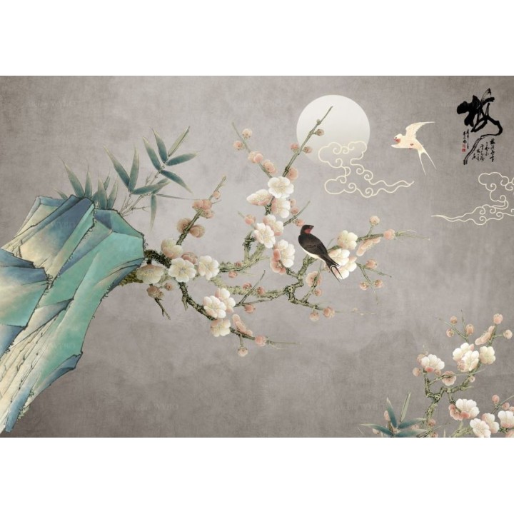 Papier peint chinois zen fleurs et oiseaux - Les fleurs de mei et les oiseaux