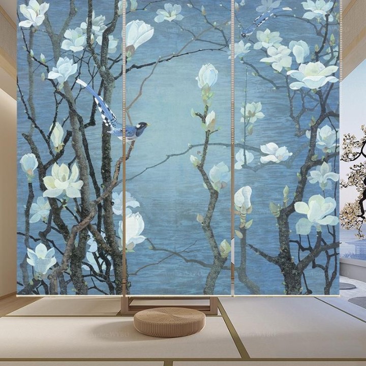 Panneau japonais floral - Magnolia blanc et oiseaux sur fond bleu