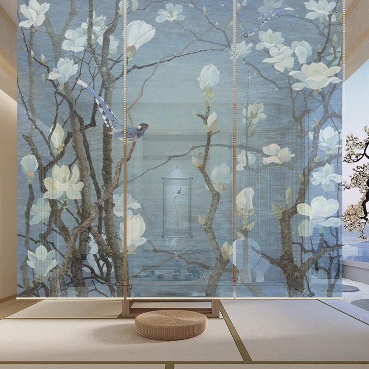 Panneau japonais floral - Magnolia blanc et oiseaux sur fond bleu