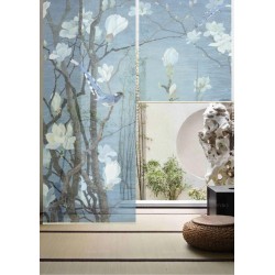 Panneau japonais floral - Magnolia blanc et oiseaux sur fond bleu