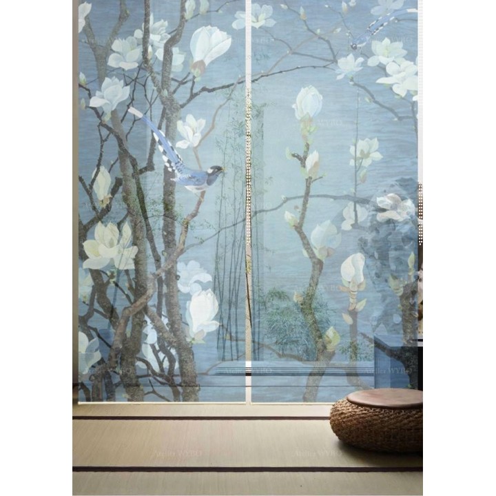 Panneau japonais floral - Magnolia blanc et oiseaux sur fond bleu