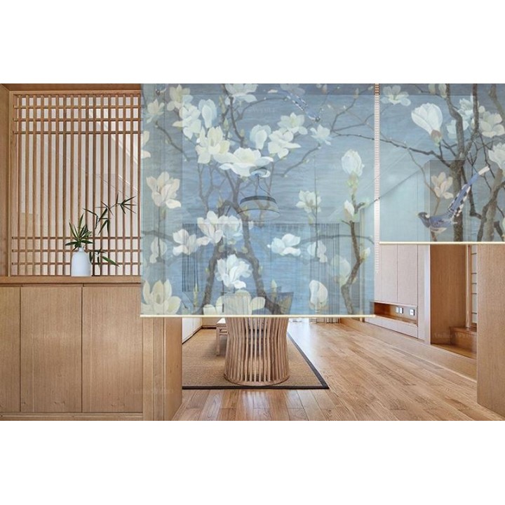 Panneau japonais floral - Magnolia blanc et oiseaux sur fond bleu