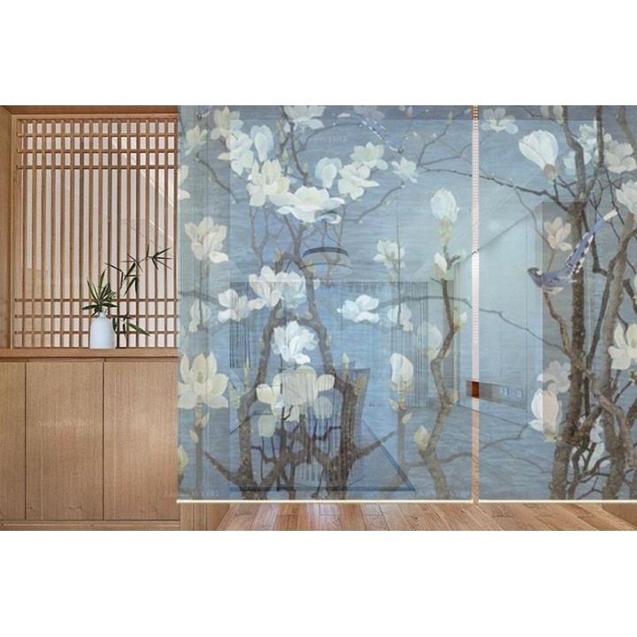 Panneau japonais floral - Magnolia blanc et oiseaux sur fond bleu