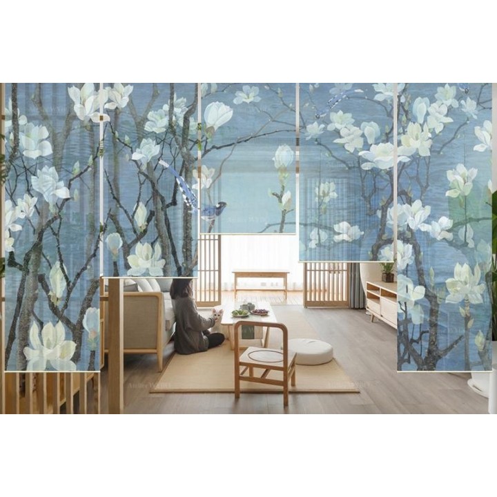 Panneau japonais floral - Magnolia blanc et oiseaux sur fond bleu