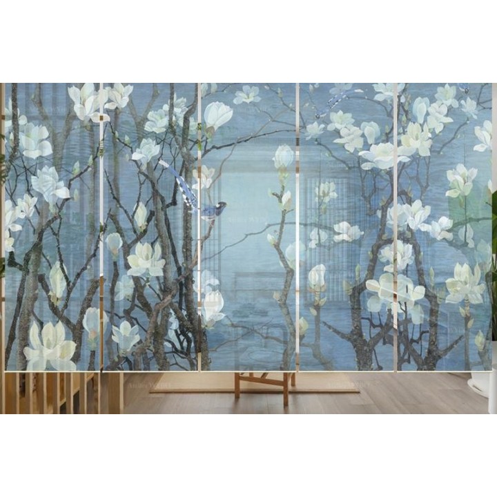 Panneau japonais floral - Magnolia blanc et oiseaux sur fond bleu