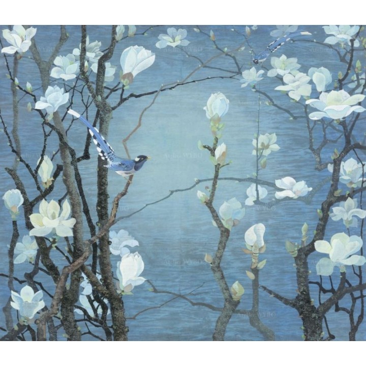 Panneau japonais floral - Magnolia blanc et oiseaux sur fond bleu