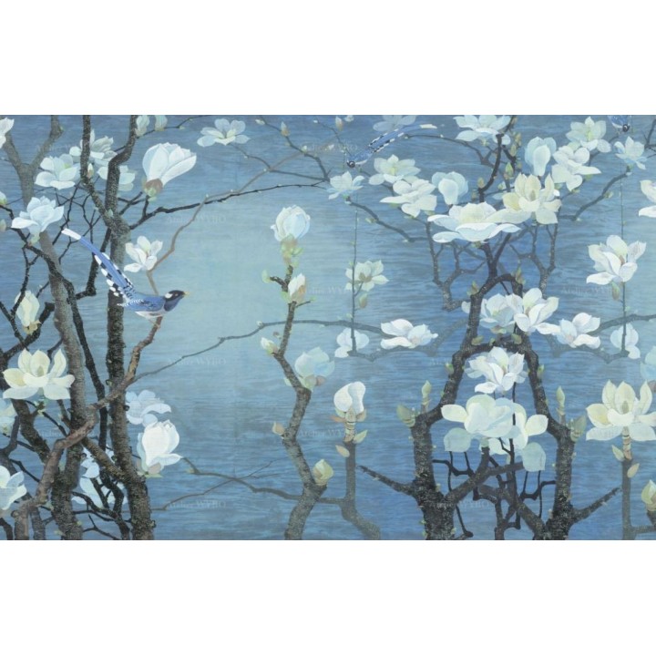 Panneau japonais floral - Magnolia blanc et oiseaux sur fond bleu
