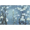 Panneau japonais floral - Magnolia blanc et oiseaux sur fond bleu