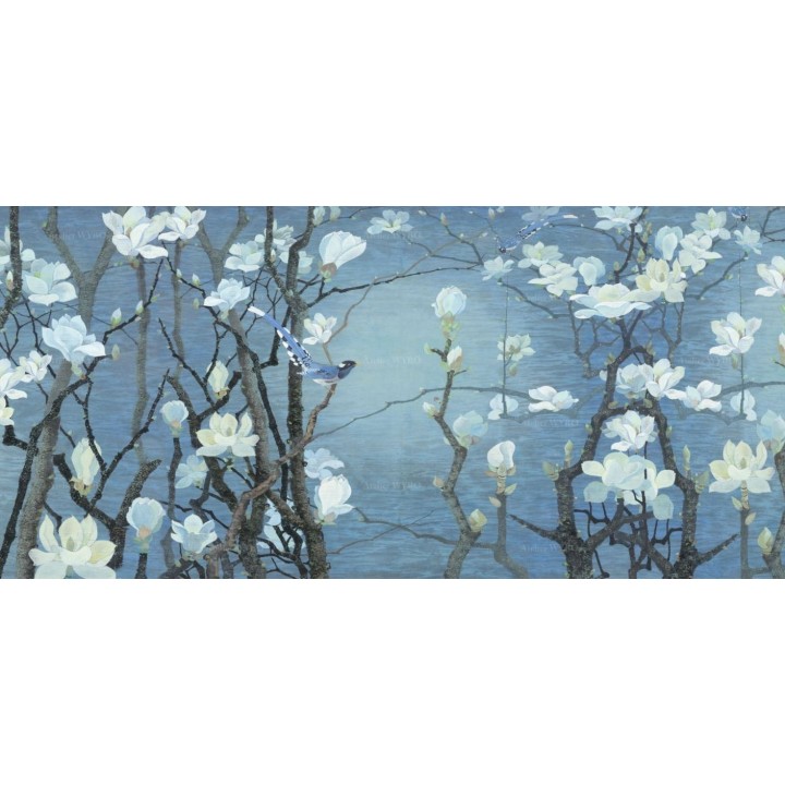 Panneau japonais floral - Magnolia blanc et oiseaux sur fond bleu