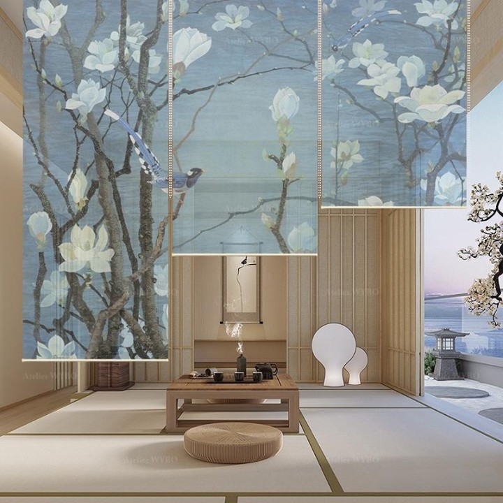Panneau japonais floral - Magnolia blanc et oiseaux sur fond bleu