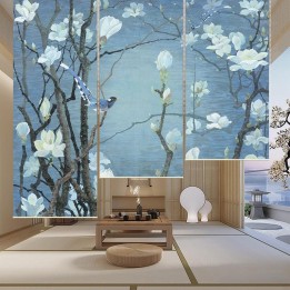 Panneau japonais floral - Magnolia blanc et oiseaux sur fond bleu