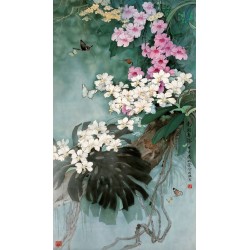 Panneau floral chinoiserie - Les orchidées et les papillons dans la nuit