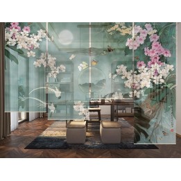 Panneau floral chinoiserie - Les orchidées et les papillons dans la nuit