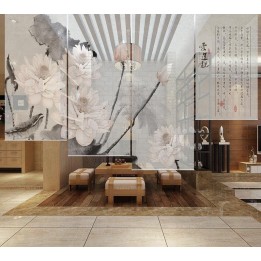 Panneau chinois fleurs zen - Les lotus et le poème, fond gris clair