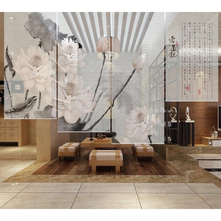 Panneau chinois fleurs zen - Les lotus et le poème, fond gris clair