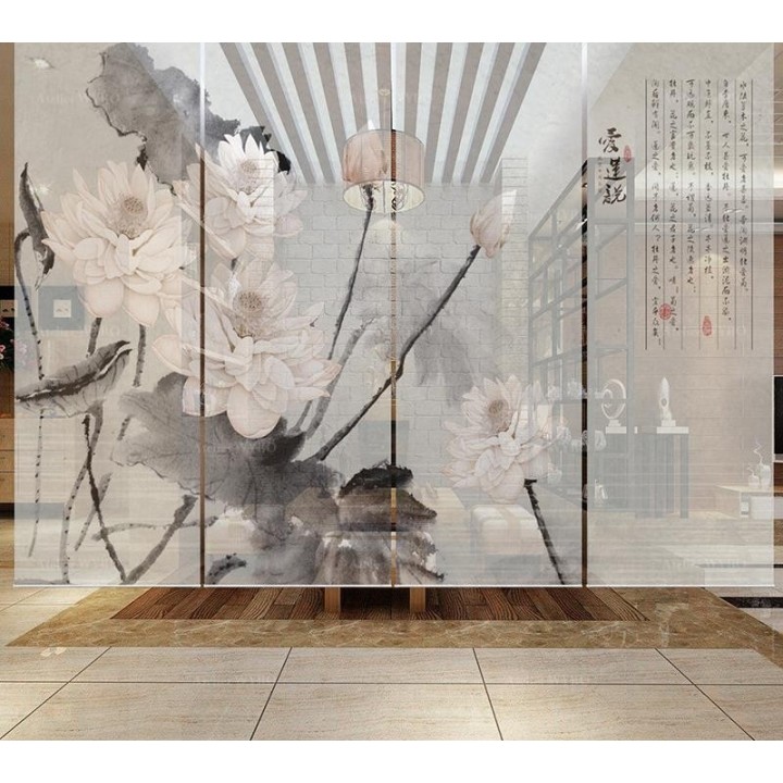 Panneau chinois fleurs zen - Les lotus et le poème, fond gris clair