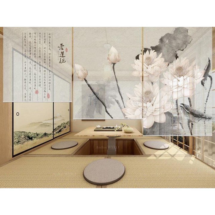 Panneau chinois fleurs zen - Les lotus et le poème, fond gris clair
