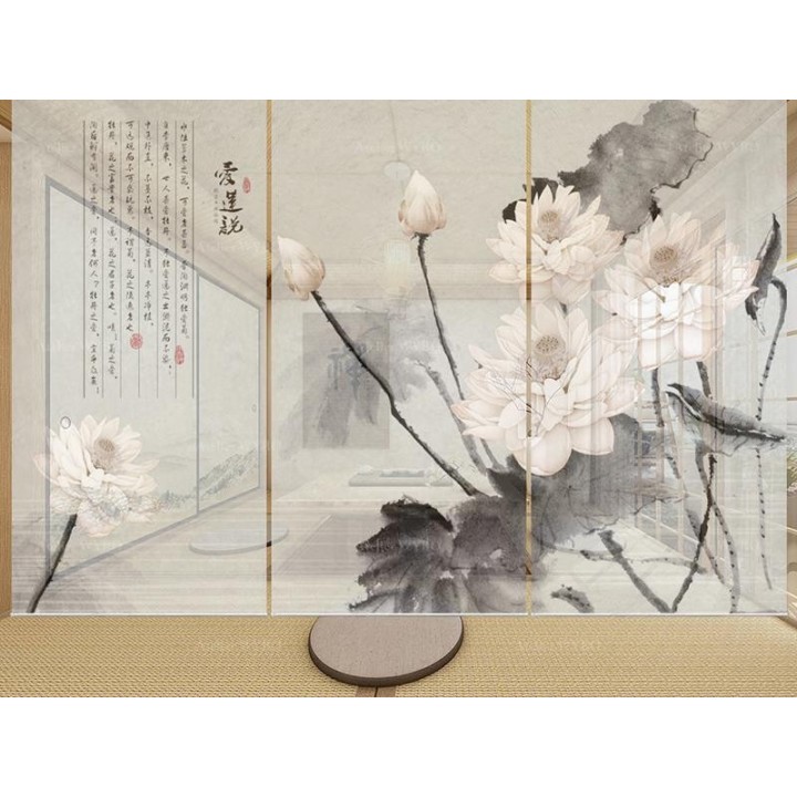 Panneau chinois fleurs zen - Les lotus et le poème, fond gris clair