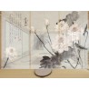 Panneau chinois fleurs zen - Les lotus et le poème, fond gris clair