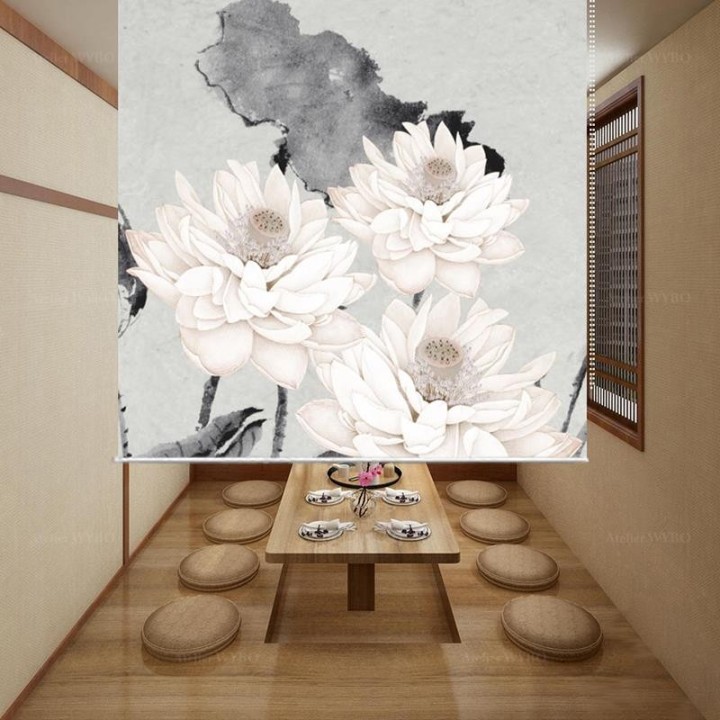 Panneau chinois fleurs zen - Les lotus et le poème, fond gris clair